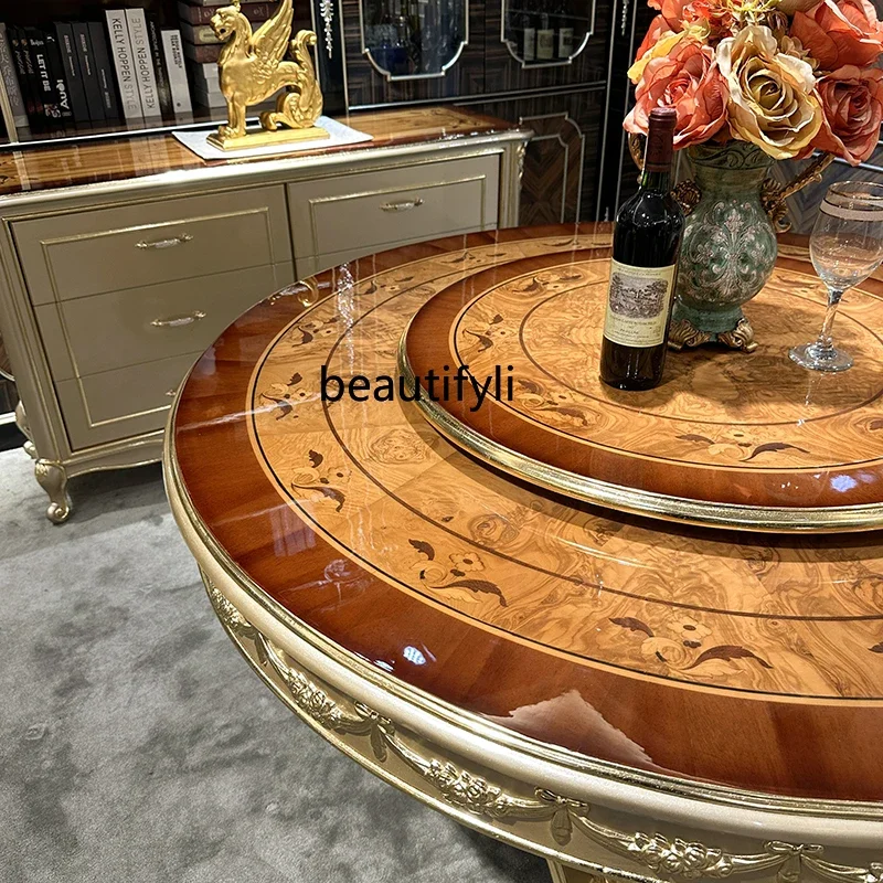 B03 طاولة طعام مستديرة من الخشب الصلب الفرنسي ومجموعة كرسي، طاولة طعام أوروبية فاخرة منحوتة بالذهب الشمبانيا للاستخدام المنزلي