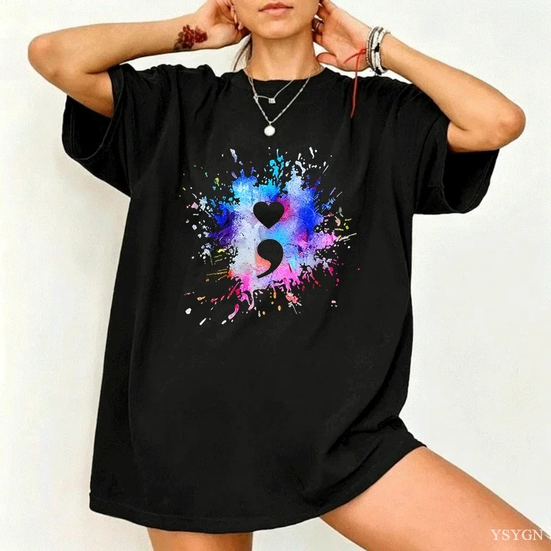 Women Colorful Paint Heart T Shirt Graffiti Art Love Short Sleeve Crew Neck Casual Couple Tee Tops for Ladies Tops