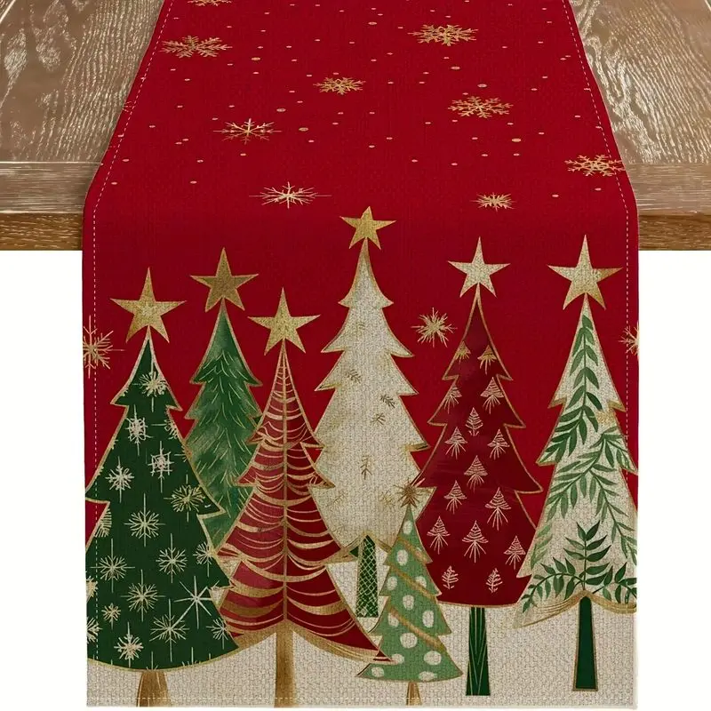 VIKAMA Christmas Table Runner, Reusable Xmas Tree Gold Snowflake Print Decor Table Runner For Dining Party Home Decor