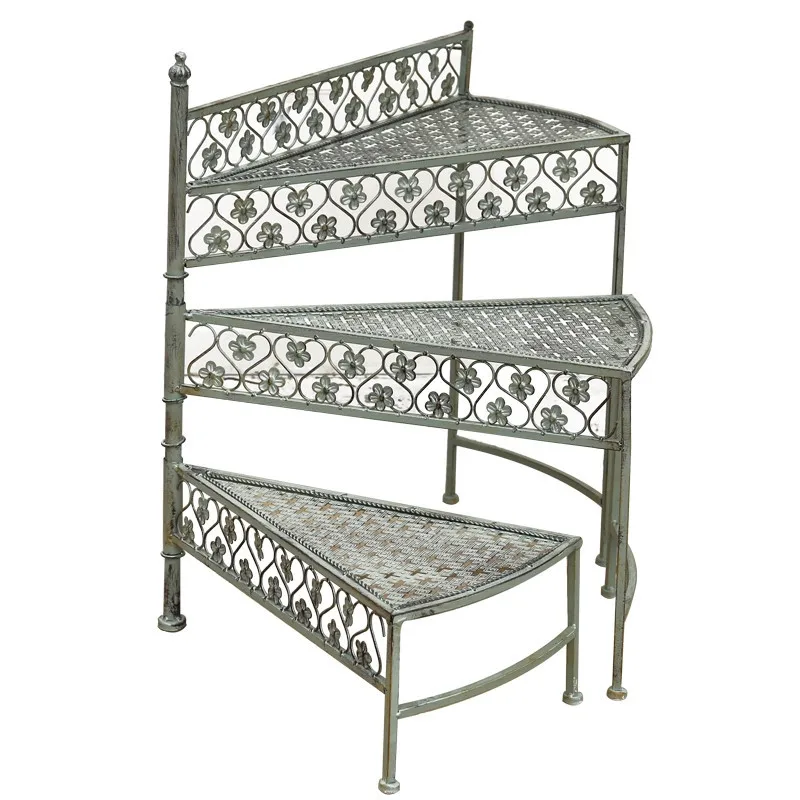 

American country wrought iron, stepped flower stand semi-arc trapezoidal, three-layer rotating flower stand outdoor