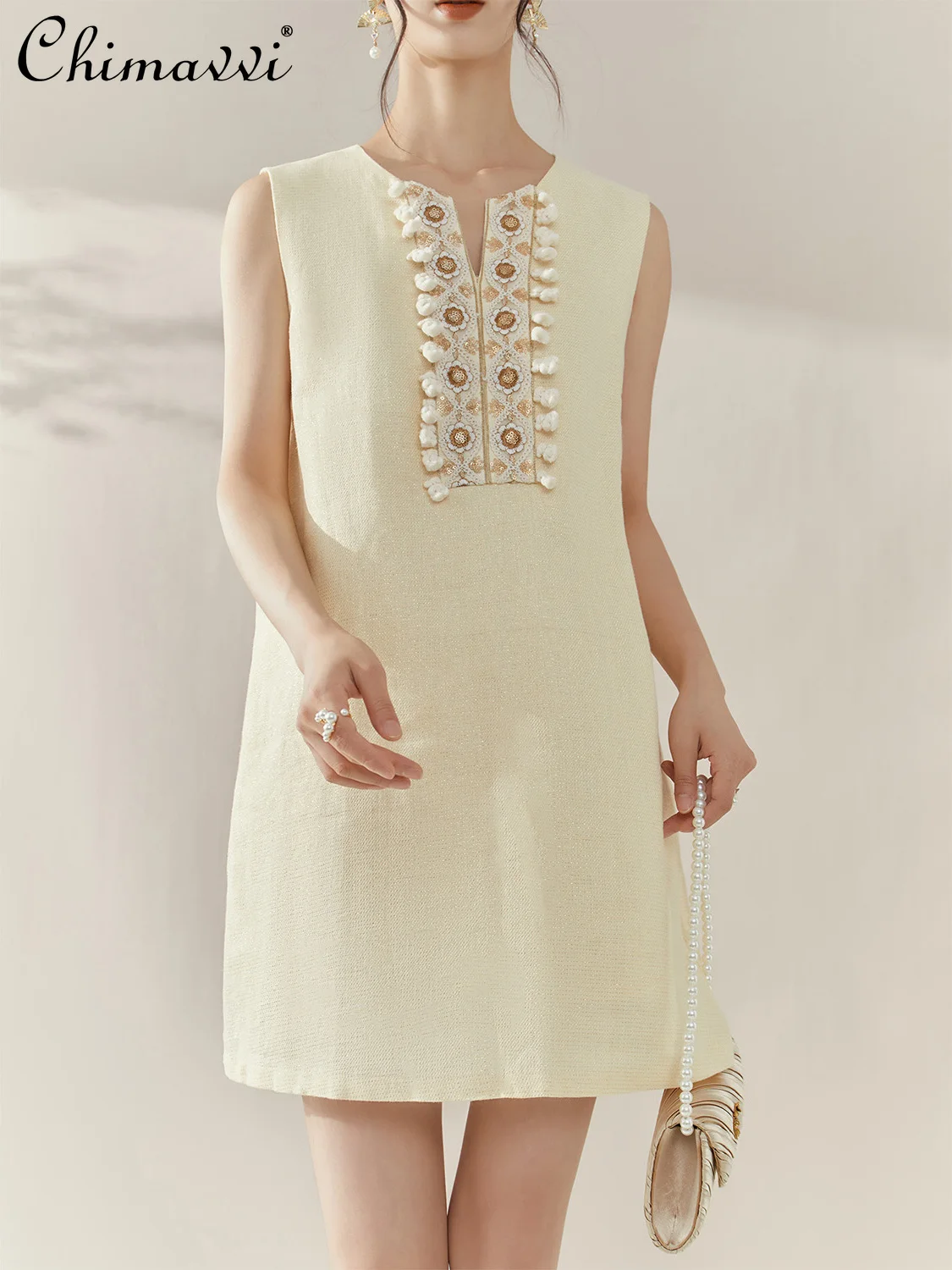 

French Simple Elegant Tank Dresses Summer V-neck Sleeveless Sequins High Waist A-line Temperament Socialite Short Dress Women