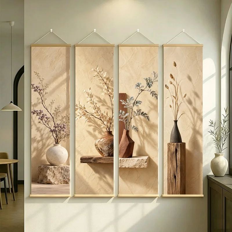 Wall Art Bleached Ruscus and Statice, Serene Wabi-Sabi Botanical Silver Shimmer Canvas Hanging Scroll for Meditation Room