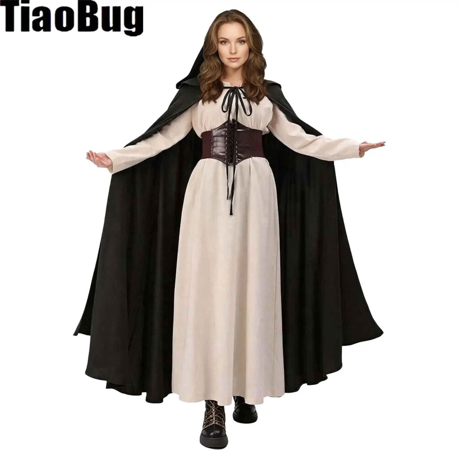 Women Medieval Cosplay Vintage Cloak with Hood Knight Solid Color Long Cape Wizard Witch Robe for Halloween Cosplay