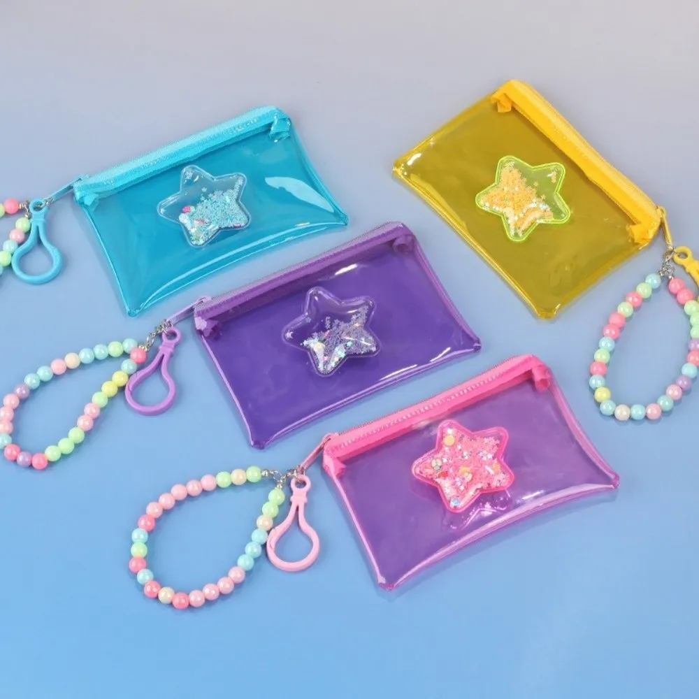 Portable Quicksand Coin Purse PVC Transparent Student Card Holder with Beaded Lanyard Colorful Travel Storage Bag