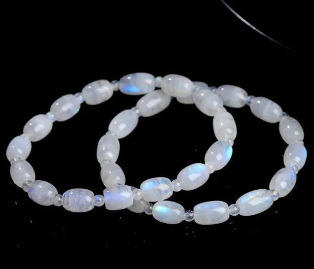 Natural Blue Light Moonstone Clear Barrel Beads Bracelet Women Men 9x7mm Moonstone Beads Bracelet Strong Light Stone AAAAAA