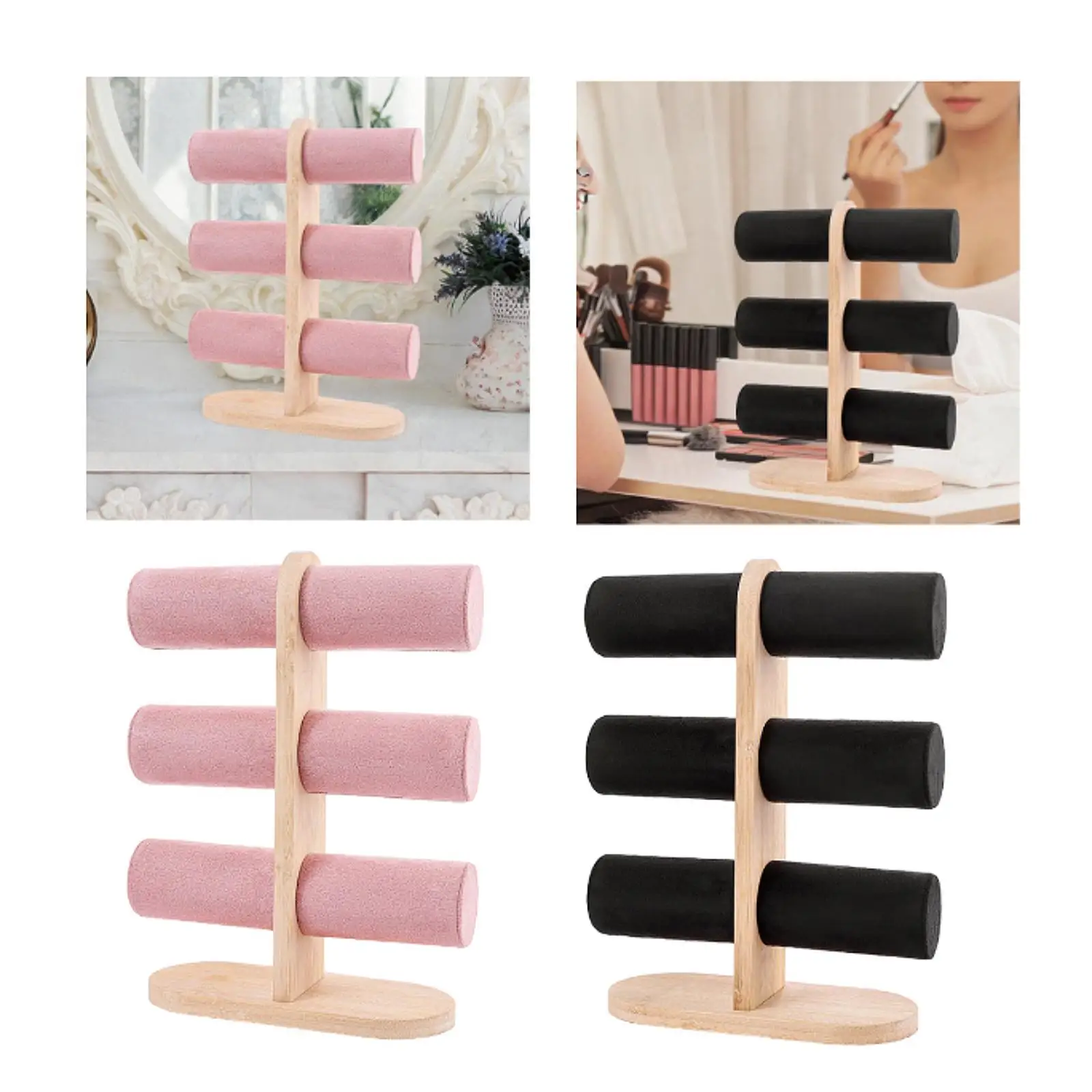 Three Tier Wood Flannel Bracelet Holder for Jewelry Display Stand Organizer for Watches Headbands Necklaces