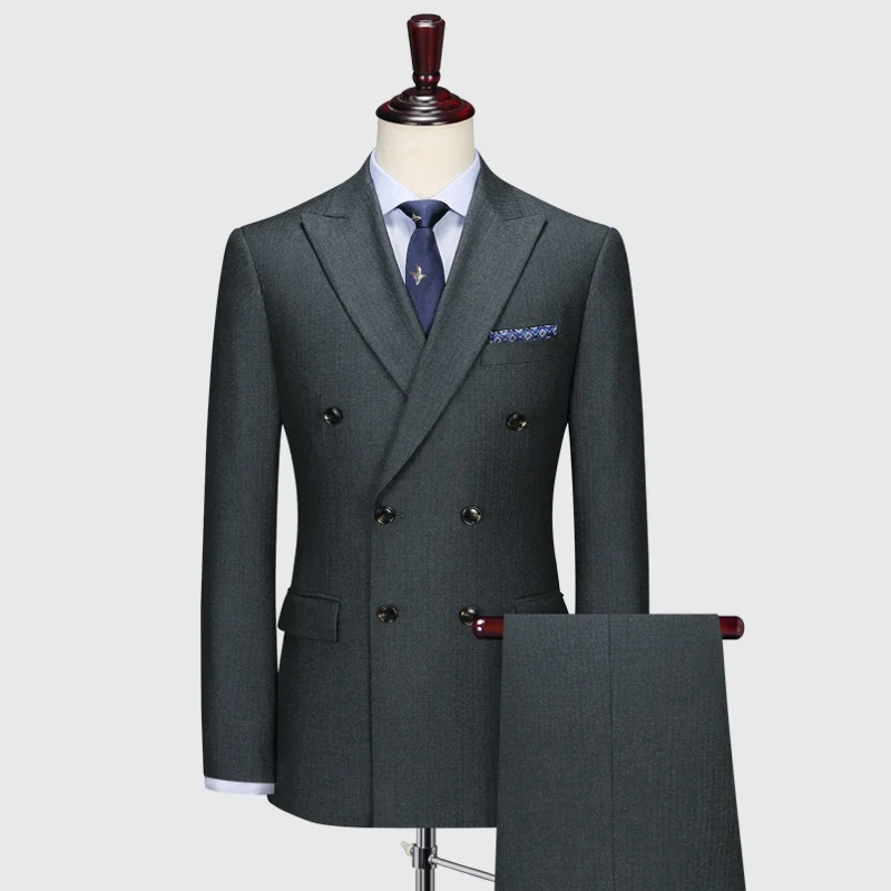 

100% wool double breasted men suit set grey slim blazer pant wedding groom casual mens suits with pants plus size blazers