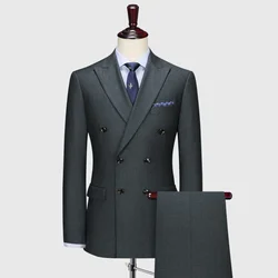 100% wool double breasted men suit set grey slim blazer pant wedding groom casual mens suits with pants plus size blazers