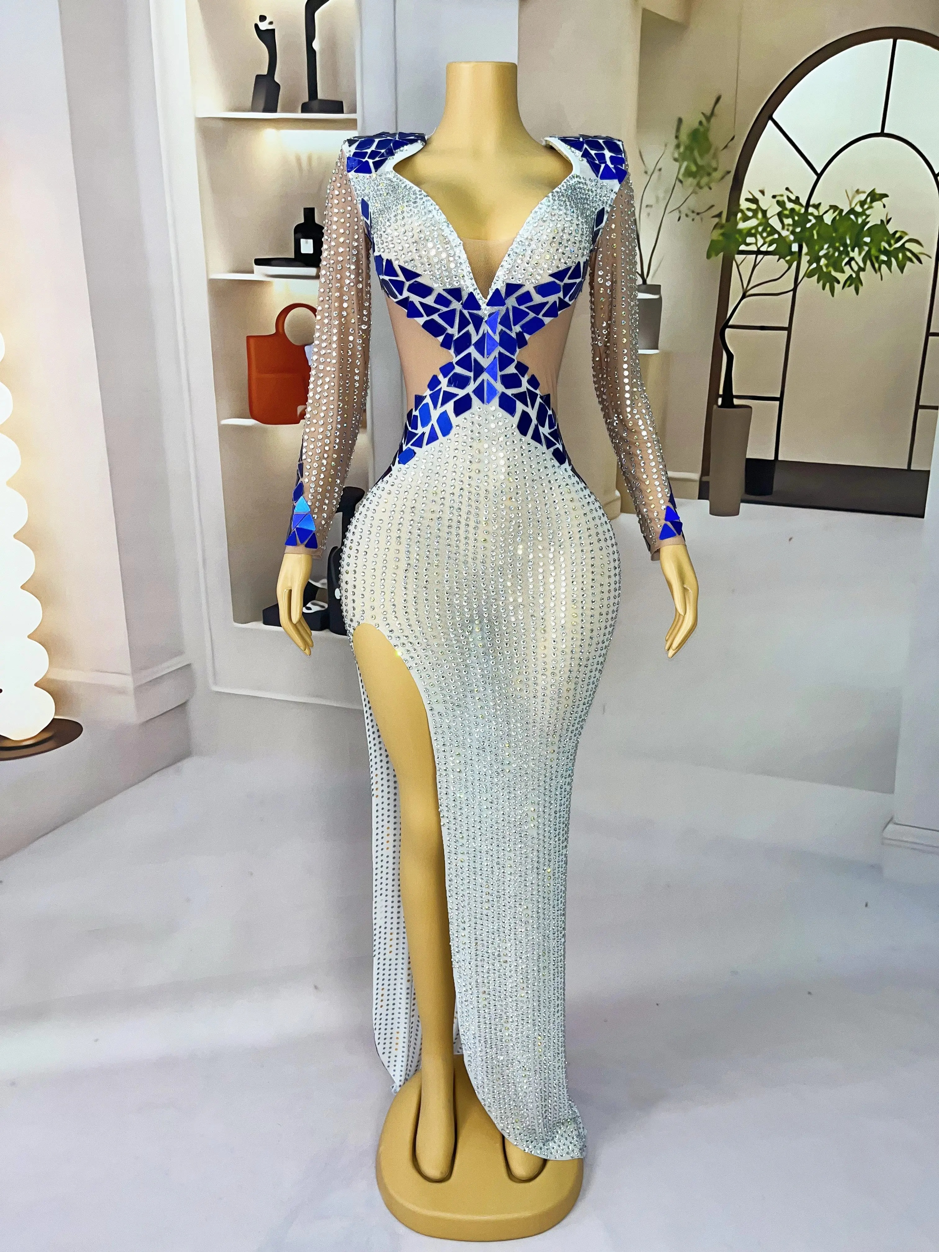 High Quality Sparkly Rhinestones Mirrors High split V-neck Dress Party Evening Outfit Red carpet Gown Stage Costume Jiaochajing
