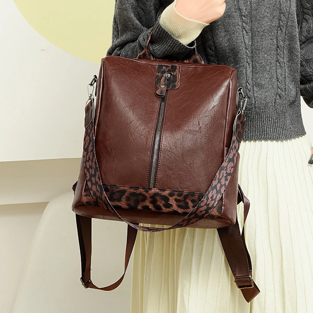 Hot Sale Large Capacity Causal Fashion Backpacks New High Quality Leopard Print Leather Anti Theft Design Backpacks for Women