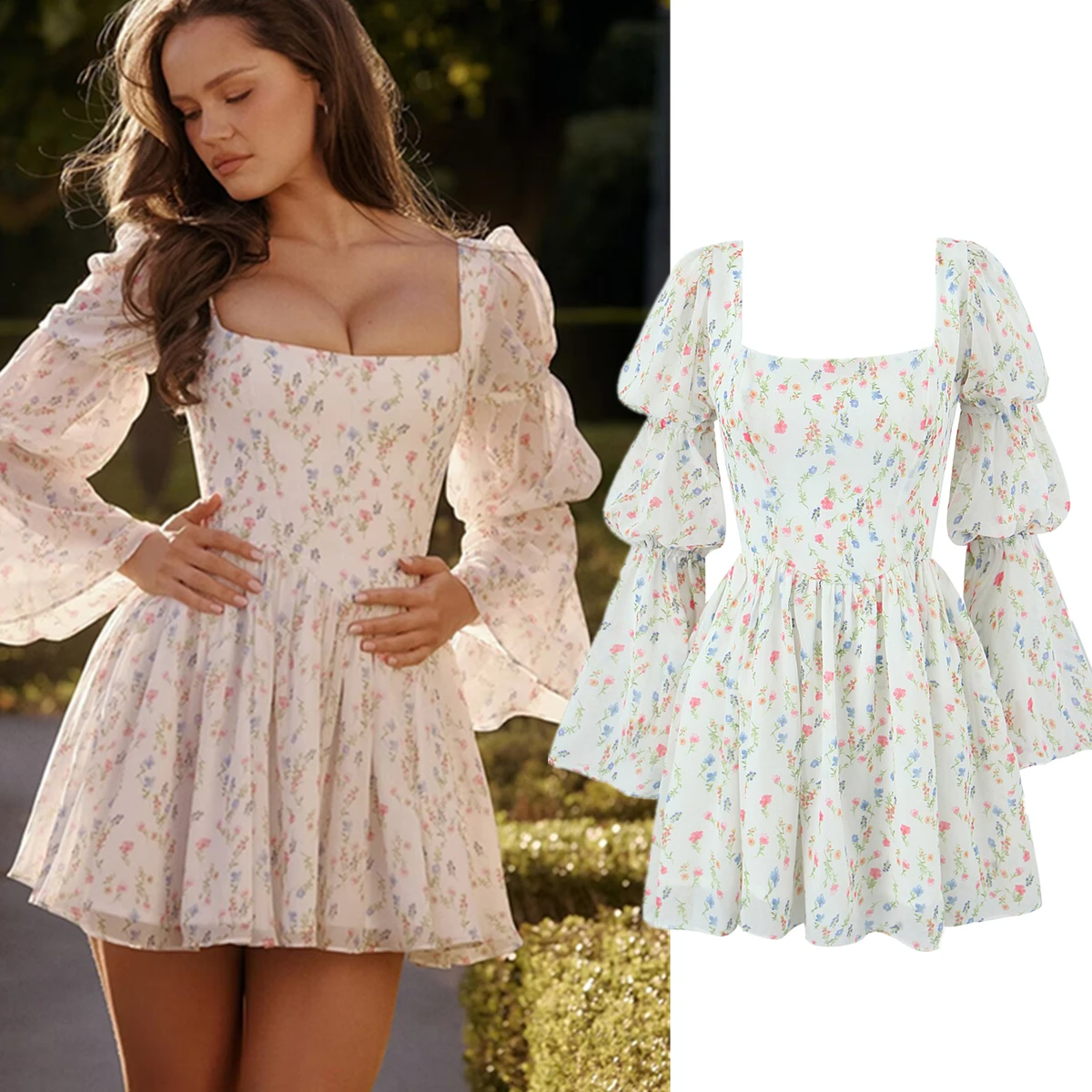 

Maxdutti Flower Print Square Collar Chiffon Dress Women French Elegant Indie Folk Flare Sleeve Sexy Mini Dress For Summer