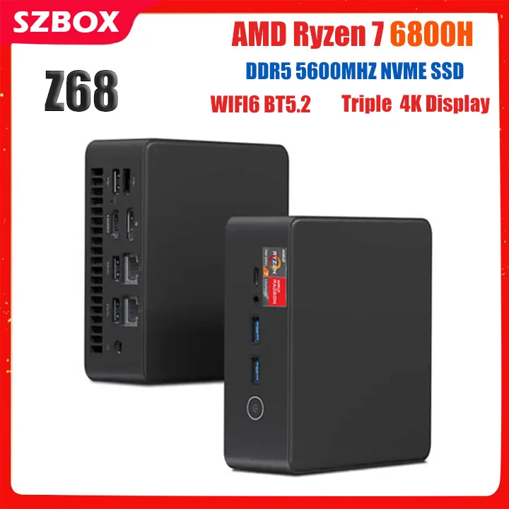 SZBOX Z68 Mini Pc R7 6800H DDR5 5600Mhz SSD NVME Pcie 3.0 Windows 11 Display 4K WIFI6 BT5.2 Computer da gioco per ufficio desktop