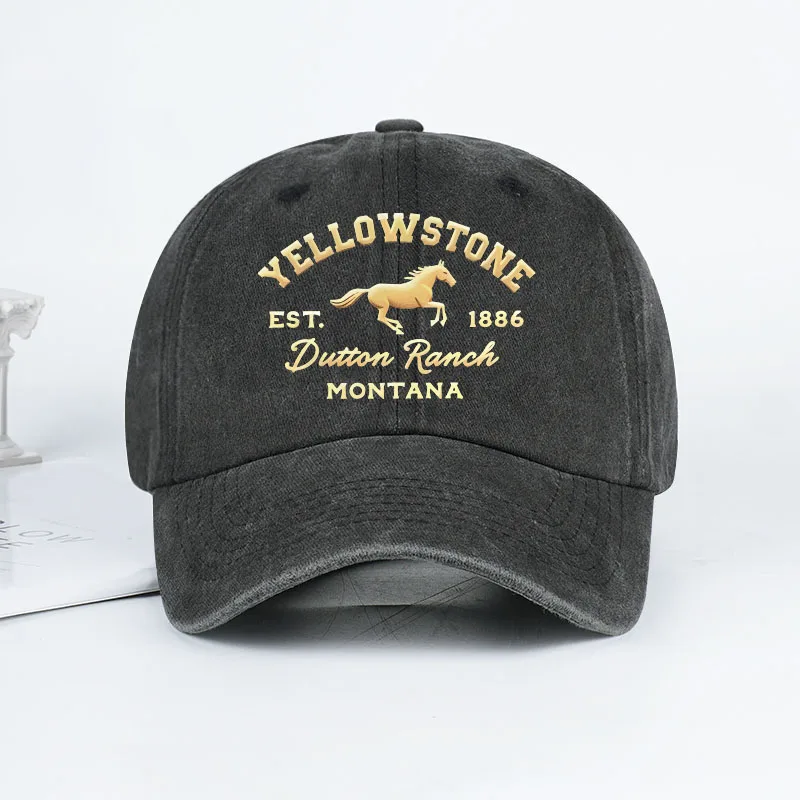 1 Yellowstone Park Horse Print Washed Baseball Cap, Unisex, Lightweight, Breathable, Adjustable, Casual Wear, Suitable for Camping and Yellowstone Park Activities.