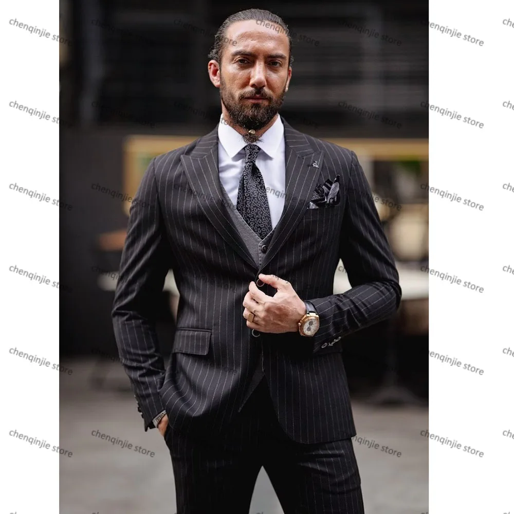 Men's Suits Blazer Black Pinstripe Single Breasted Peak Lapel Jacket Pants Grey Vest 3 Piece Luxury Office Male Clothing Tailor