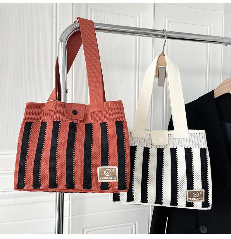 Vintage Knitted Stylish Striped Handbag Medium Size Top-Handle Tote Bag Japanese Korean Harajuku Crochet Square Shopper Hand Bag