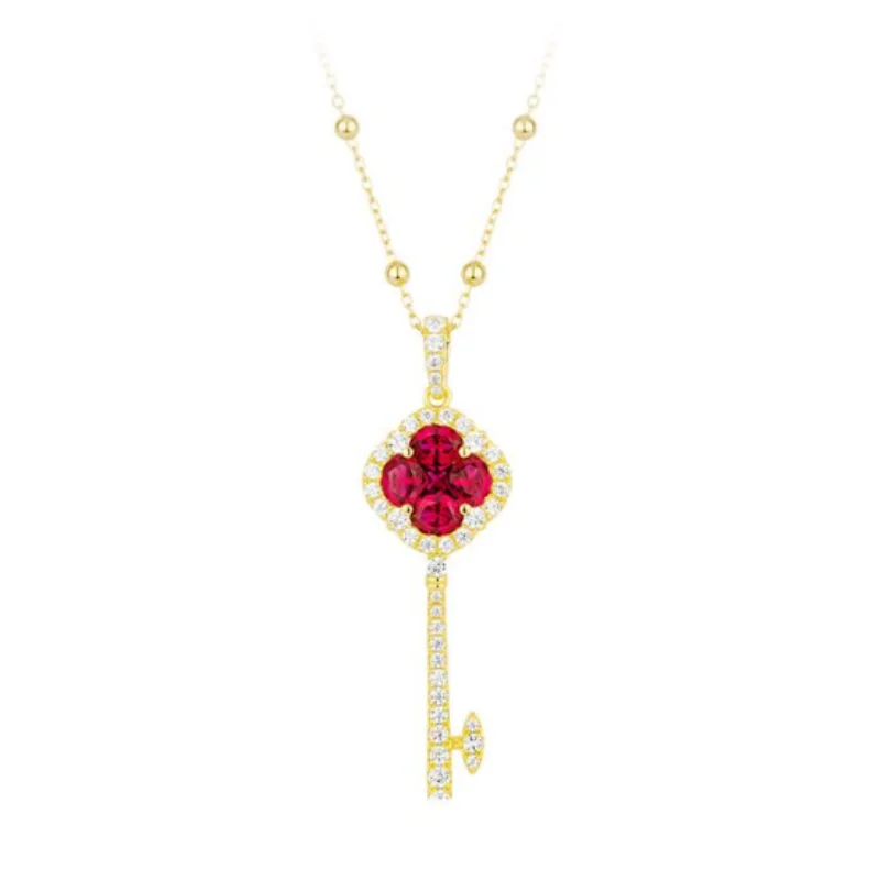Bellux 925 Silver Synthetic Zircon Red Full Diamond Key shaped Vintage Pendant Necklace Anniversary Gift Jewelry