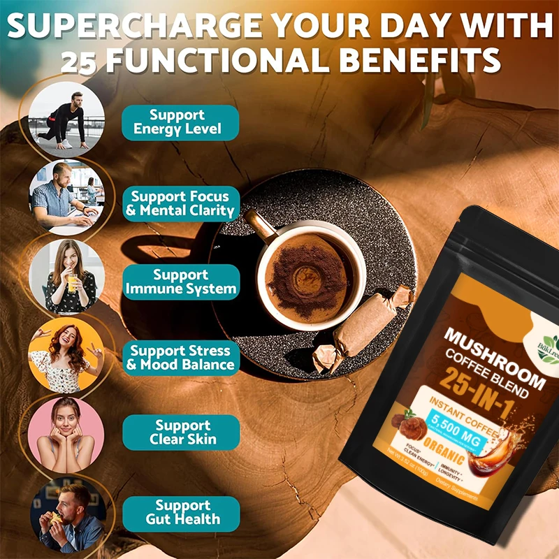 Organic Mushroom Coffee - Instant Clean Energy, Mental Clarity & Focus, No Jitters or Crash, Immune Support, Longevity Blend​