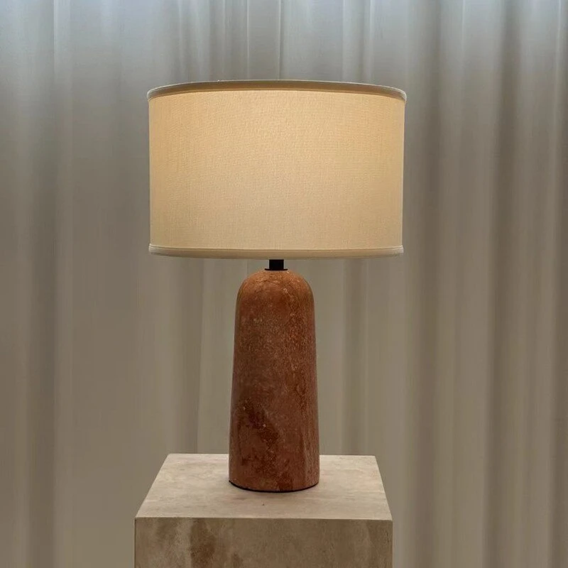 

100% Natural Marble French Wabi-Sabi Red Travertine Table Lamp, Vintage Decor Light for Villa & Hotel