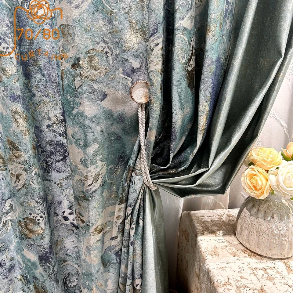 

Blue Gold Line Oil Painting Jacquard Thickened Blackout Curtains for Living Room Bedroom French Window Balcony Window Customized