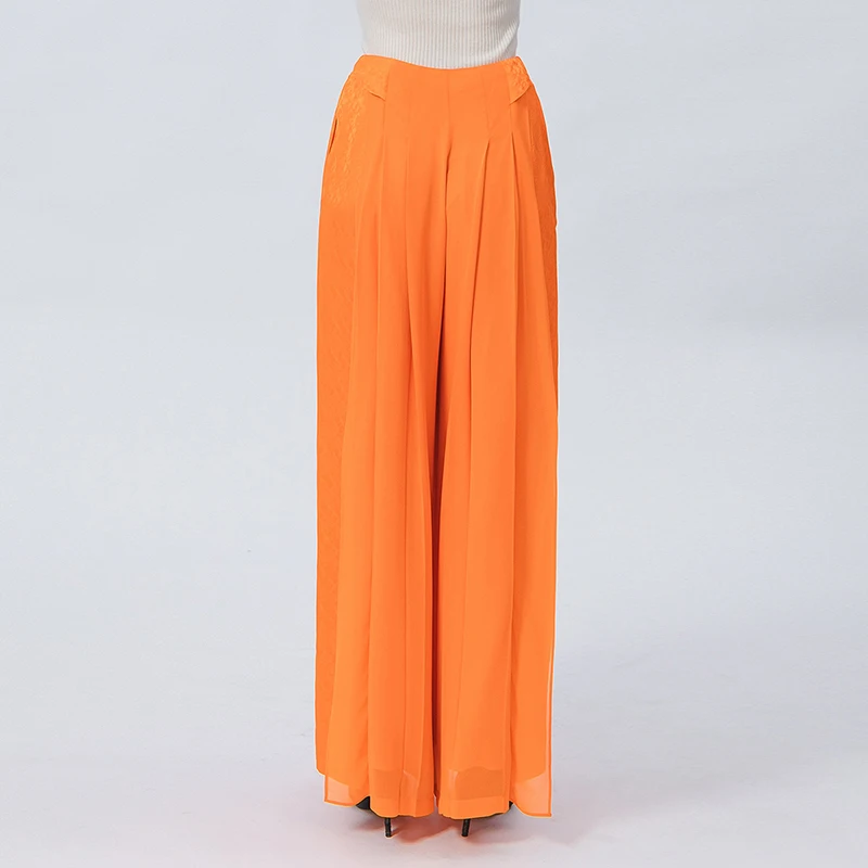 Silk Jacquard Orange Natural Waist Invisible Zipper Fold Stitching Loose Covered Meat Summer Wide-leg Pants for Women KE538