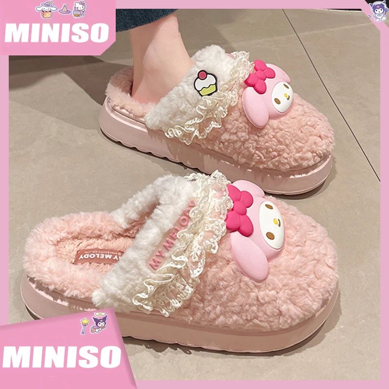 2024 Cotton Slippers Cartoon Melody Hello Kitty Kuromi Cotton Slippers New Women's Winter Warm Cotton Non slip Slippers