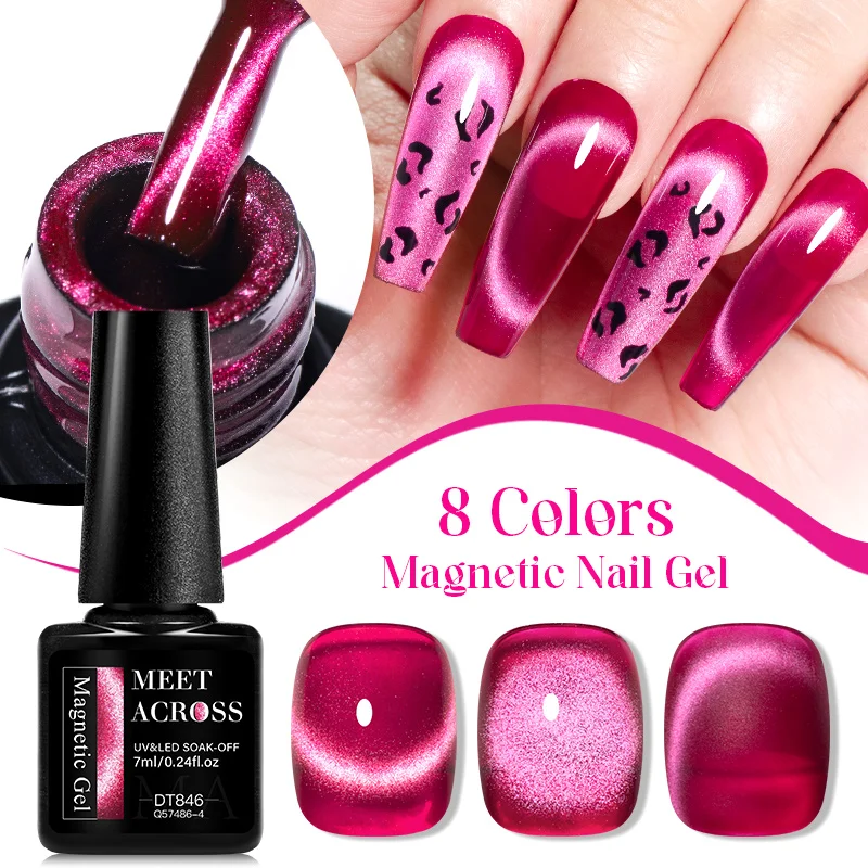 MEET ACROSS 7ml Roes Red Jelly Amber Cat Magnetic Gel Nail Polish Semi Permanent Magnetic Gel Soak Off UV LED Gel Nail Art