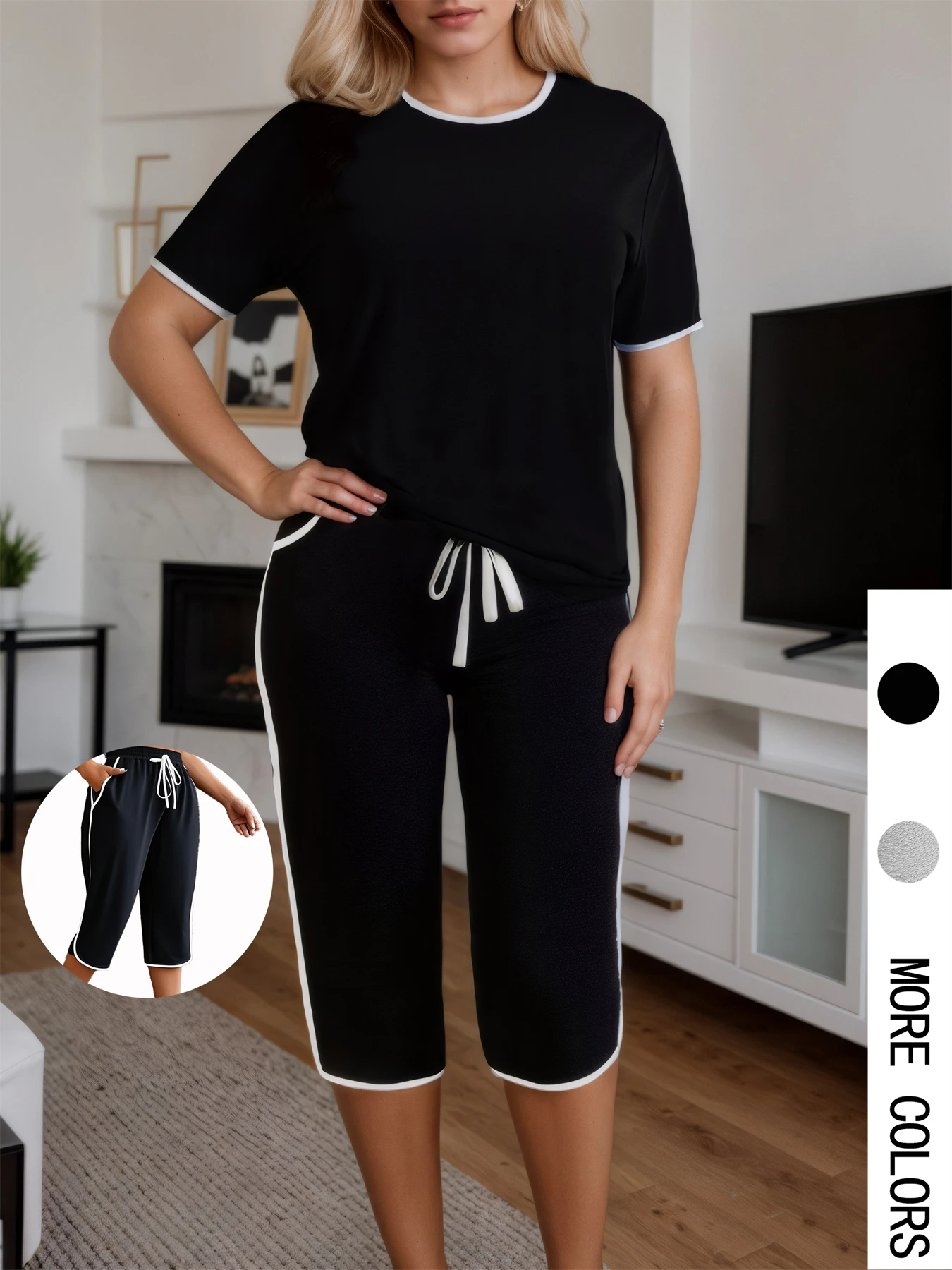 

Plus Size Women 2 Piece Set Short Sleeve T-shirt Capri Pants Summer Streetwear Oversize Elegant Two Piece Outfits