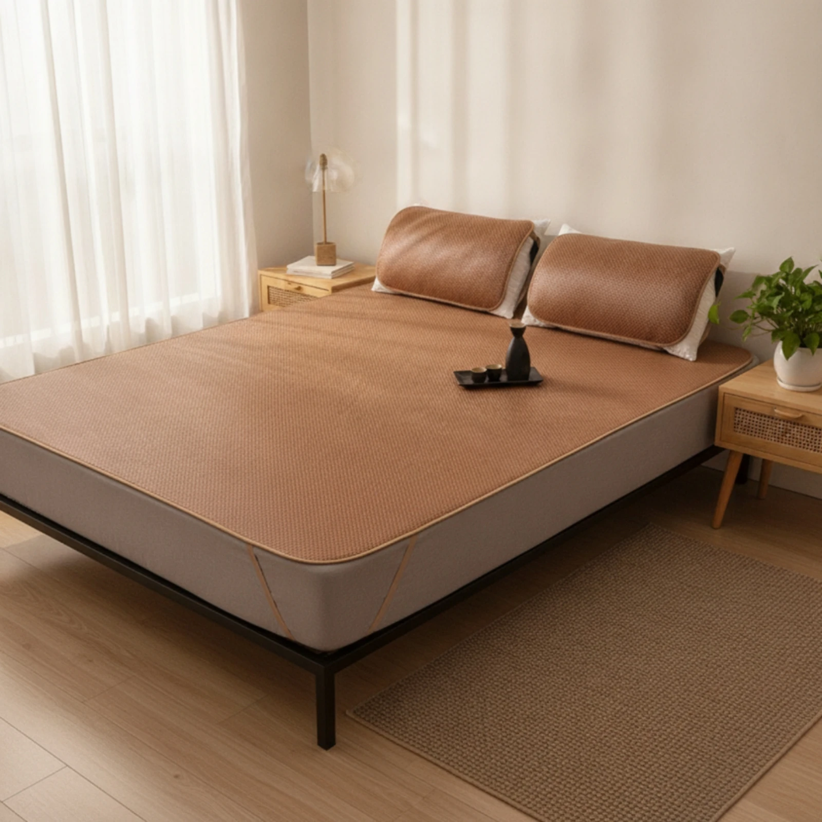 Biancheria Woven Bed Mat Breathable Cool Summer Sleeping Mat with Pillowcases Low Profile for Home