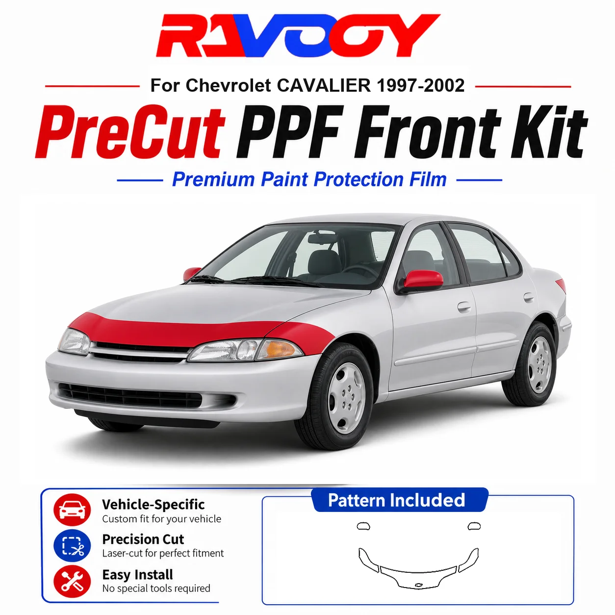 

8.5mil TPU Precut PPF Kit For Chevrolet CAVALIER 1997-2002 - Hood, Fenders & Mirror Set - Self-Healing Clear Bra Film
