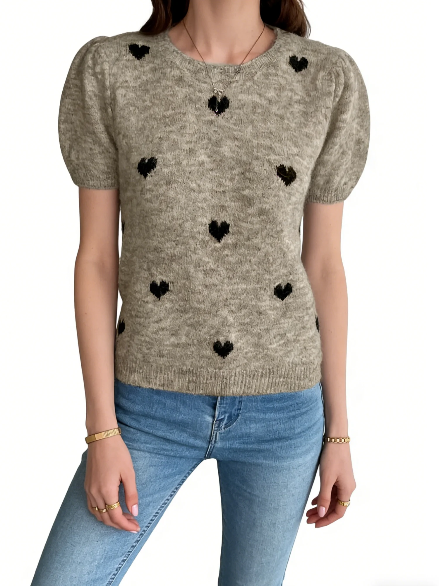 

Женская элегантная трикотажная рубашка больших размеров с круглым вырезом и узором в форме сердца, с короткими рукавами, подходит для повседневной носки, весна и лето.