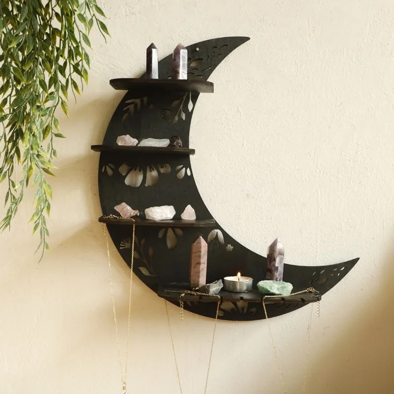 

Wooden Moon Staircase Crystal Candle Holder Wall Decor - Home Decoration Art Craft Wall-Mounted Shelf for Living Room Bedroom