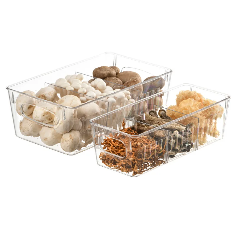 Contenitori per Organizer per frigorifero scatola di immagazzinaggio per frigorifero trasparente in plastica con divisorio supporto per contenitore