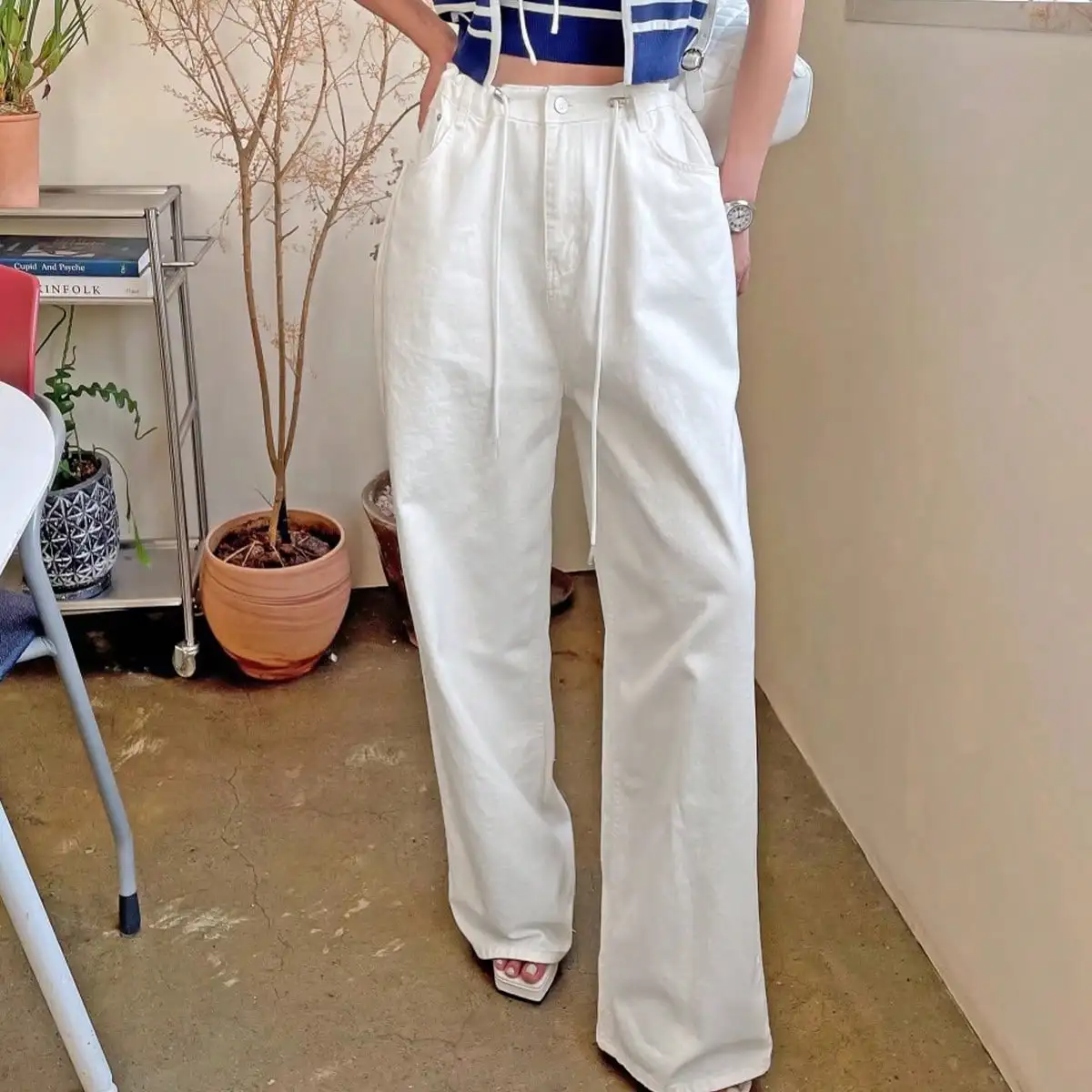 Korean Chic Autumn and Winter Fashionable Drawstring Jeans for Women, Fashionable Loose Slimming Look Narrow Wide Leg Pants