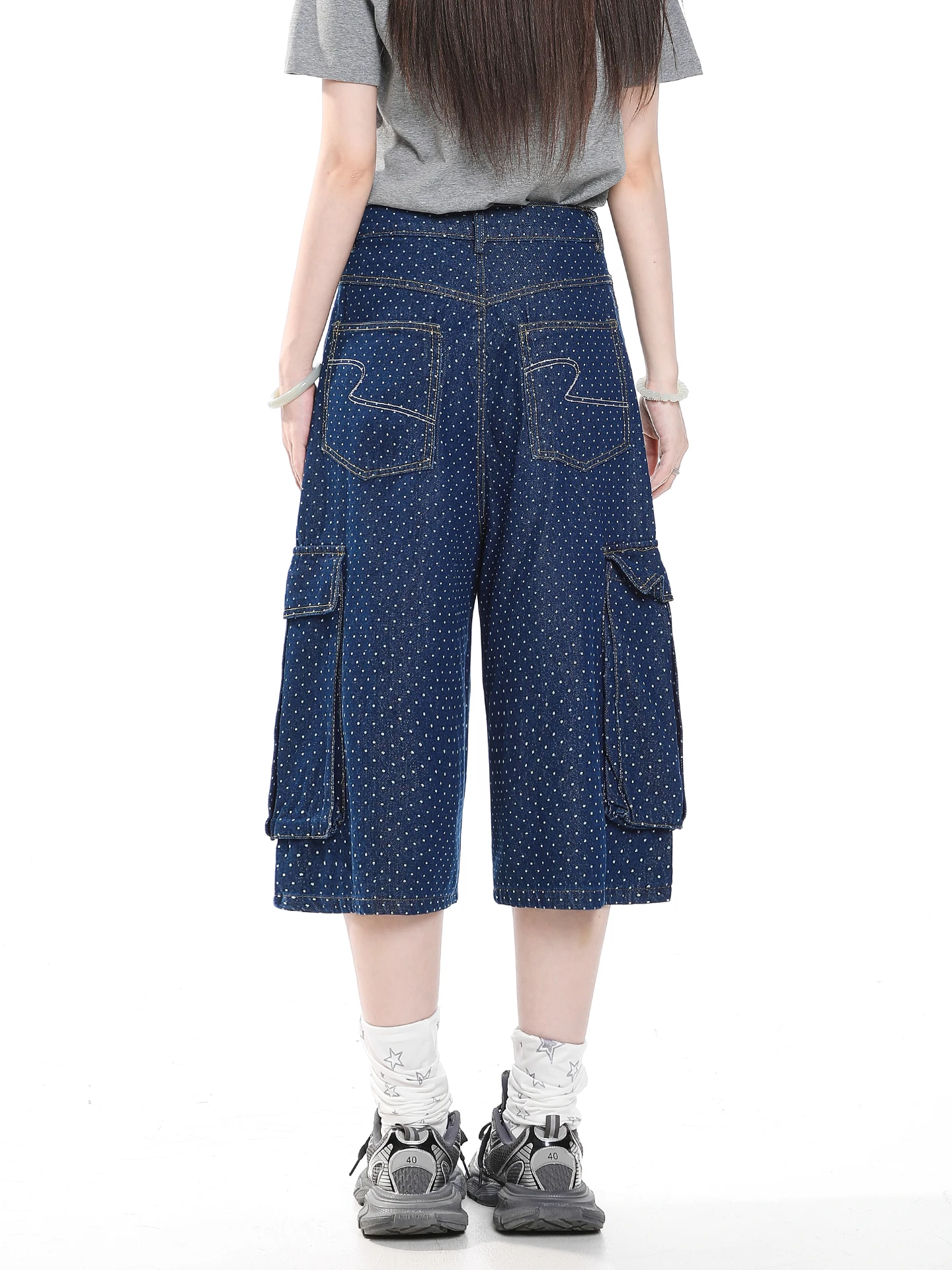 Retro American Polka Dot Print Wide Leg Jeans Women's Summer High Waist Loose Casual Multi Pocket Embroidery Seven-Foot Pants