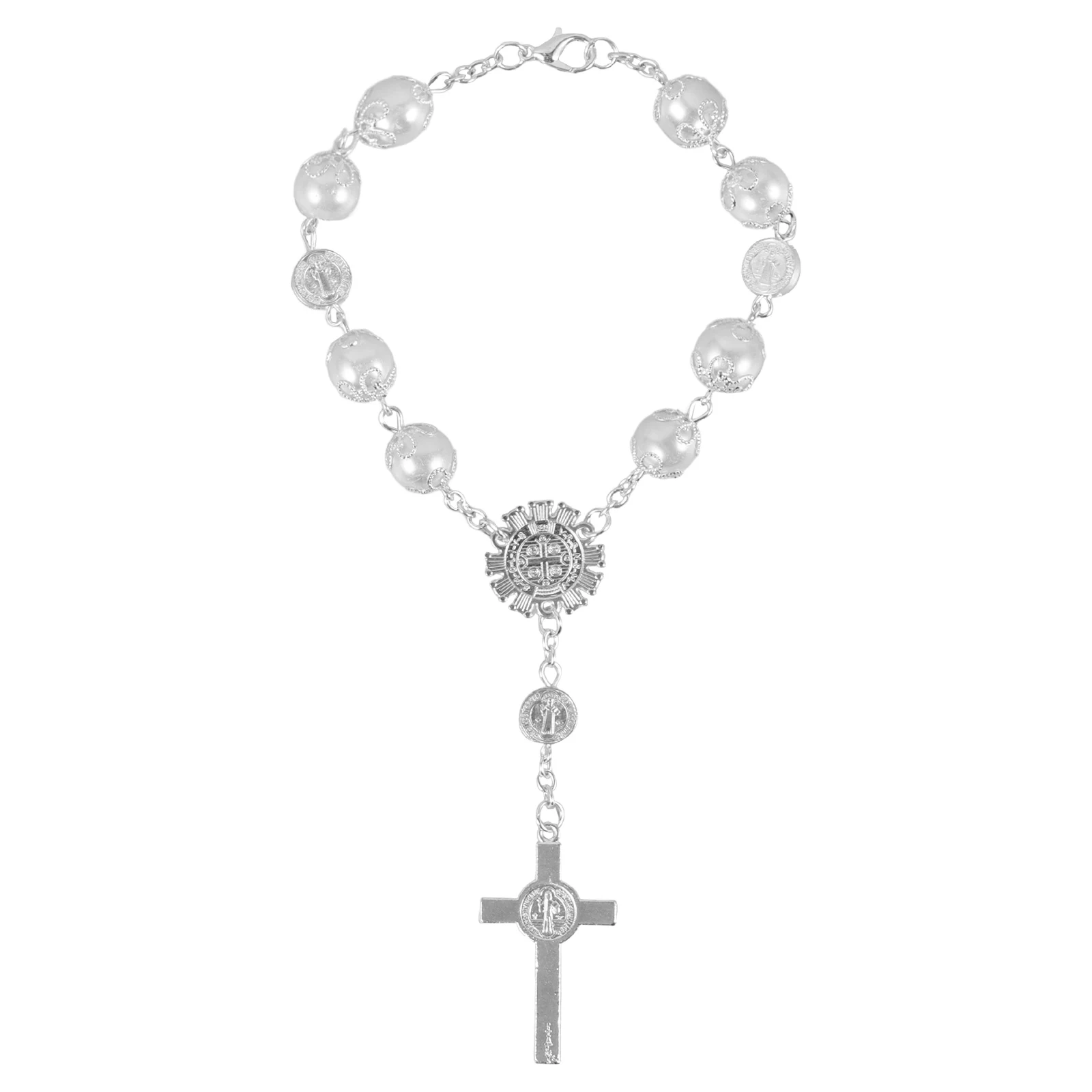 

Car Rosary Bracelet White Cross Hanging Decoration for Rear View Mirror Alloy Charm Accessories Car Interior Ornament