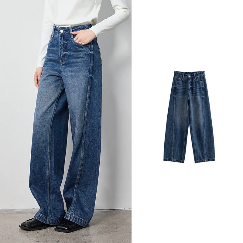 

Women Denim Jeans 2025 Autumn New Lazy Design Wide Leg Stright Split High Waist Towing Long Pants