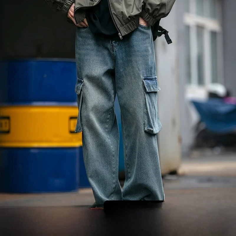 

Retro Waed Japanese Sle Men's Casual Jeans Spring Autumn Large ket Workwear Loose Straight Leg Wide Leg Casual Pants