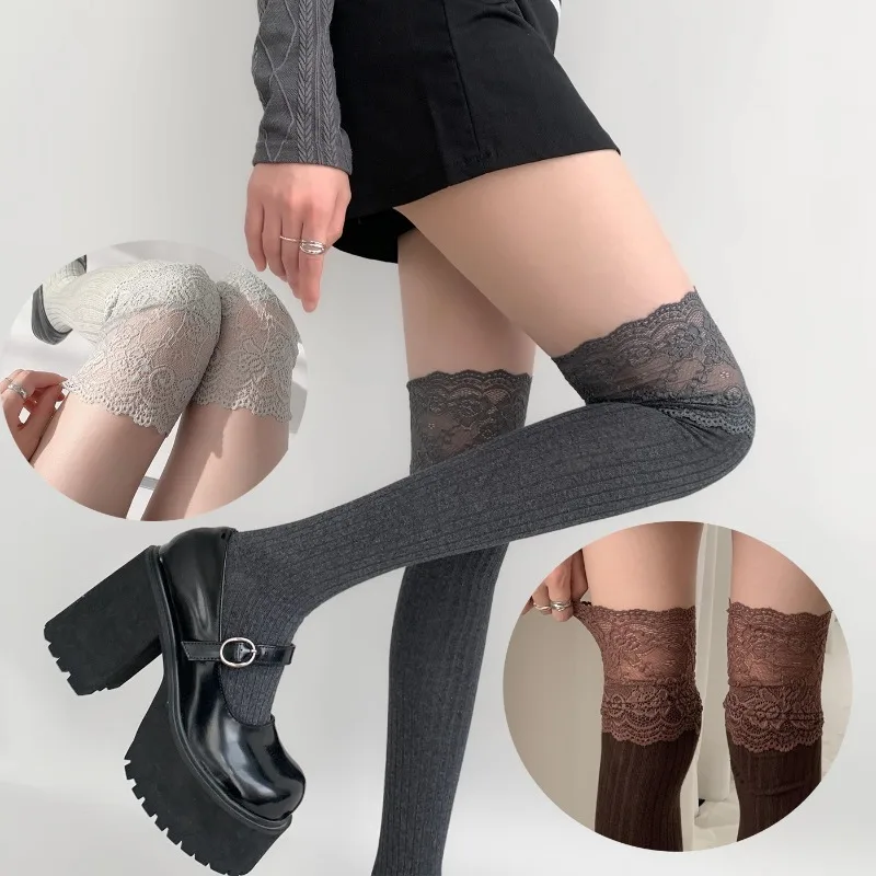 Calcetines Altos Hasta la Rodilla, con Encaje Lolita, Tejido Holgado y Transpirable, Estilo Kawaii JK, para Primavera/Verano, Uso Diario