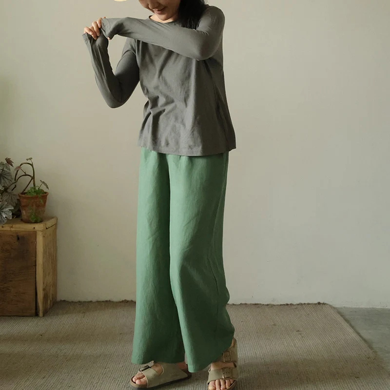

Comfortable Silk Linen Wide Leg Pants Women's Loose Elastic Waist Nine Points Cool Summer New Arrival Casual Pants
