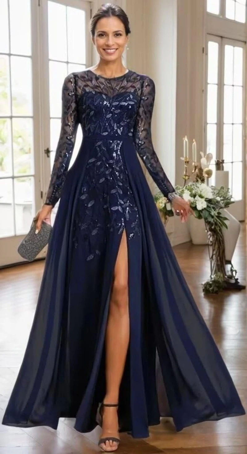 

A-Line Sexy Wedding Guest Dress Long Sleeve Floor Length Jewel Neck Formal Dress with Slit