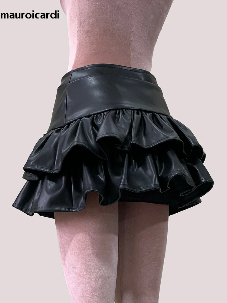 

Lautaro Spring Summer Soft Cute Black Pu Leather Mini Tiered Pleated Skirt Women Lace Up Short Luxury Designer Cutecore Clothing