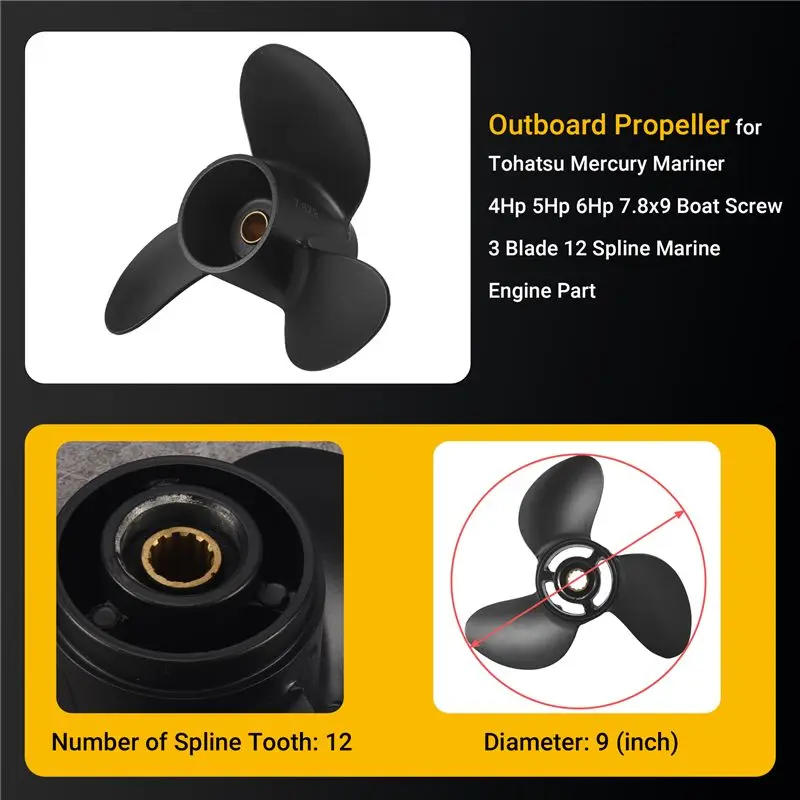 A67K-Outboard Propeller For Tohatsu Mercury Mariner 4Hp 5Hp 6Hp 7.8X9 Boat Screw 3 Blade 12 Spline Marine Engine Part