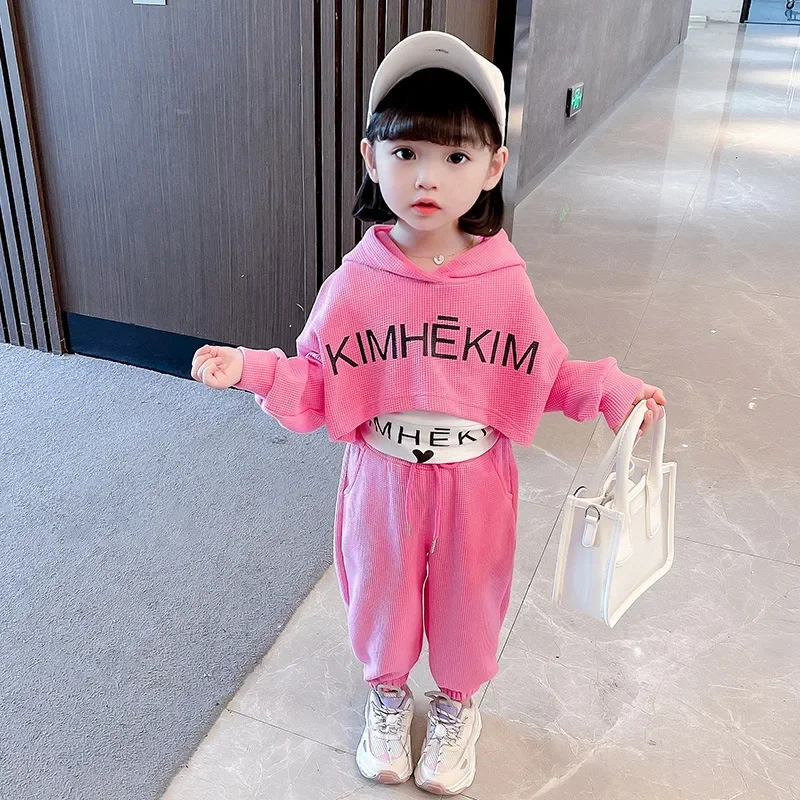 

Spring Autumn Baby Girls Waffle Alphabet Crop Hoodie+Drawstring Sweatpant+Tee Tops Kids Tracksuit Child 3PCS Outfit Sets 1-9 Yrs