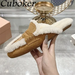 2024 Winter Suede Leather Fur Inside Flat Half Slippers Women Round Wrap Toe Plush Slippers Causal Warm Wool Mules Shoes Mujer