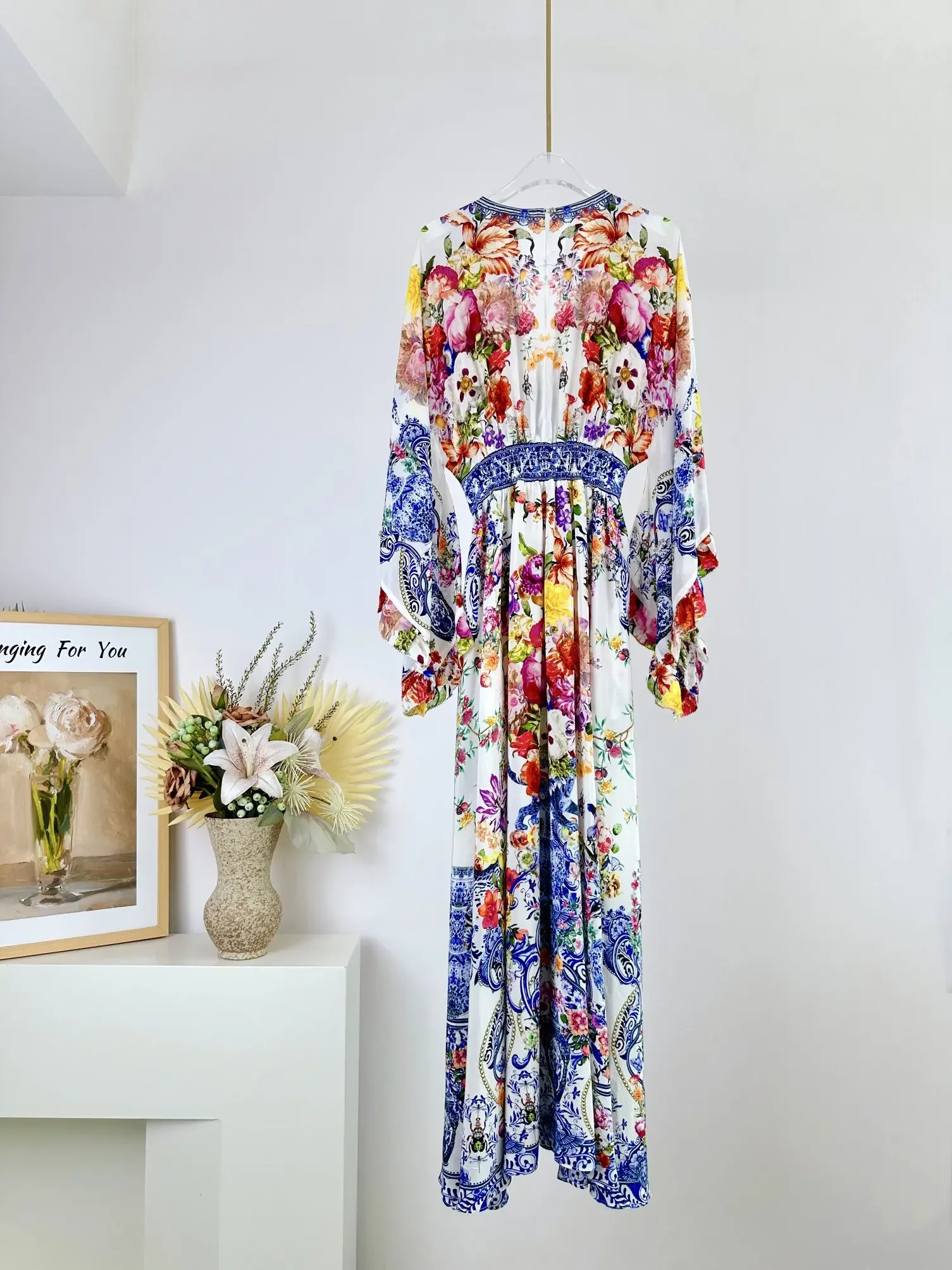 Women 100% Silk Long Dress Beaded Flower Print V-Neck Long Sleeve Elegant Robe