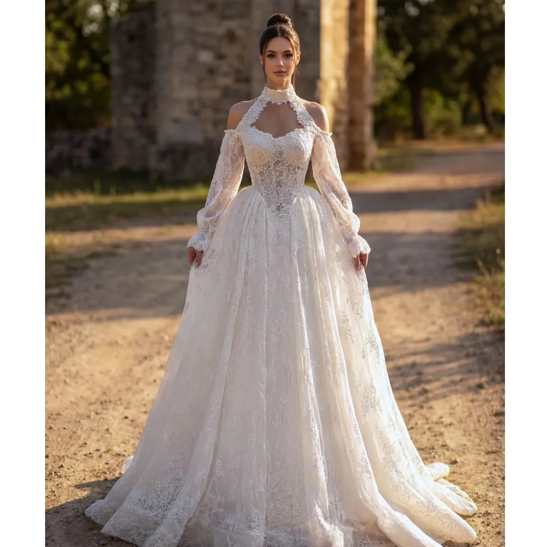 

High Neck Cutouts Long Sleeves Wedding Dresses Lace Appliques Corset Bridal Gown Exquisite robe de mariée Customized