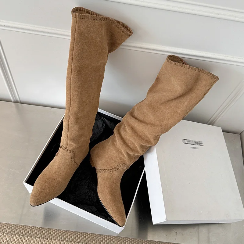 Arden Furtado الخريف البقرة المدبوغ مطوي الأحذية الغربية أشار تو الانزلاق على كعب منخفض حذاء برقبة للركبة حجم كبير الأحذية النسائية #5