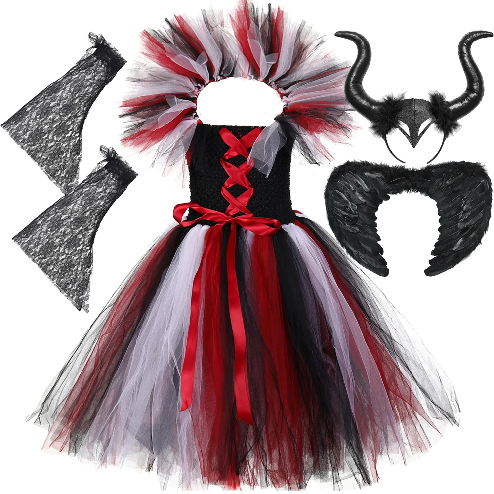 Maleficant Halloween Costumes for Girls Devil Witch Queen Long Lined Dresses for Kids Carnival Full Length Outfit with Wings