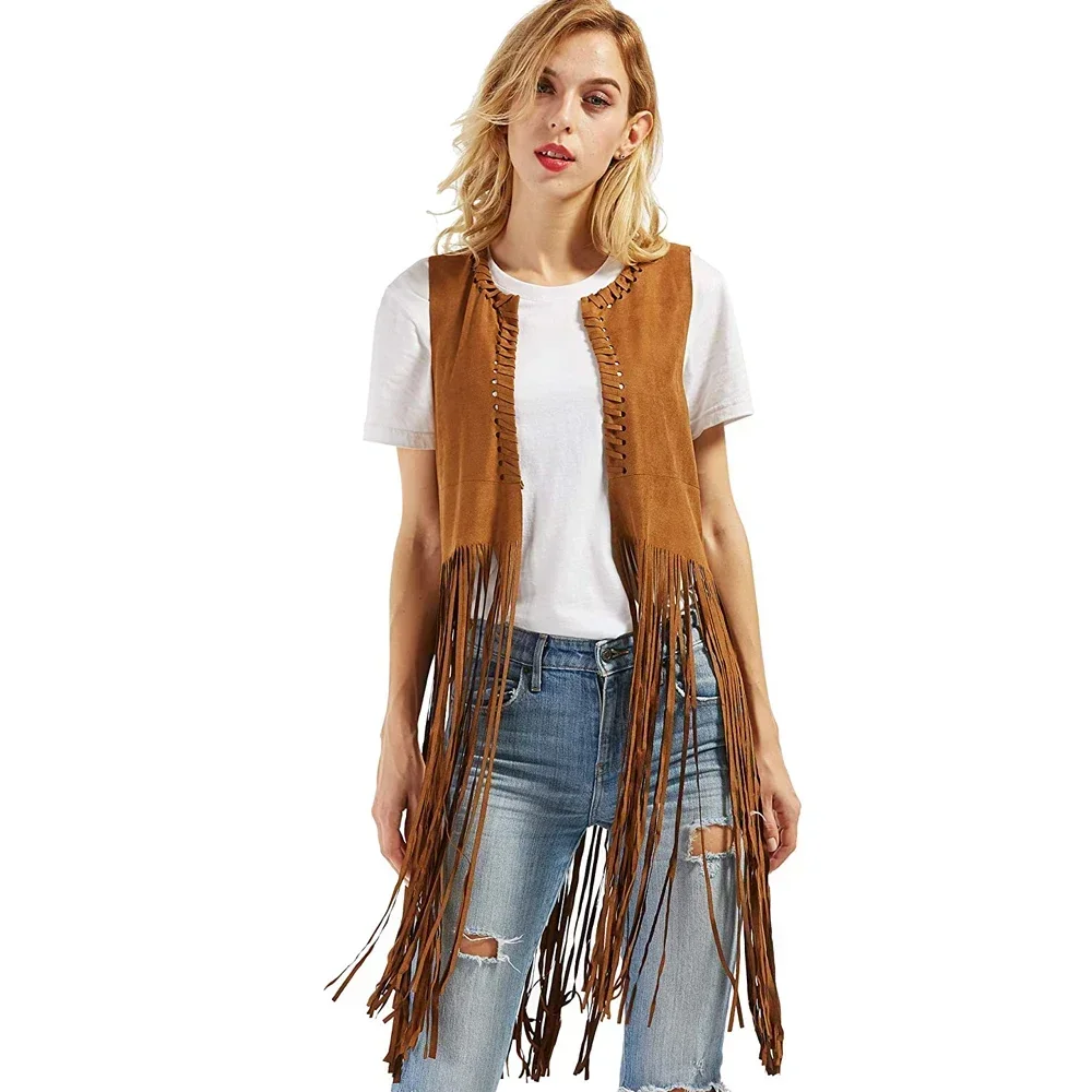 

Women's Fringed Suede Faux Fur Sleeveless Cowboy Cowboy Vest Jacket with Tassel Detail Dropshipping