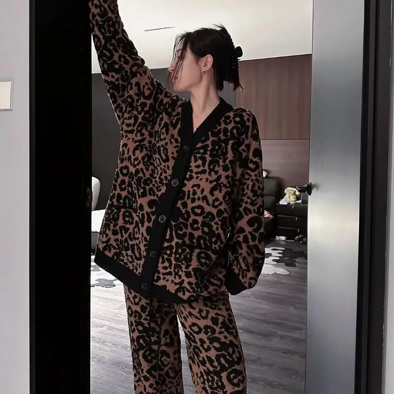 

Women's Clothing Pajama Set Wearable As Outerwear Leopard Print Pajamas Winter Fleece-Lined Thicken Cardigan Home Set